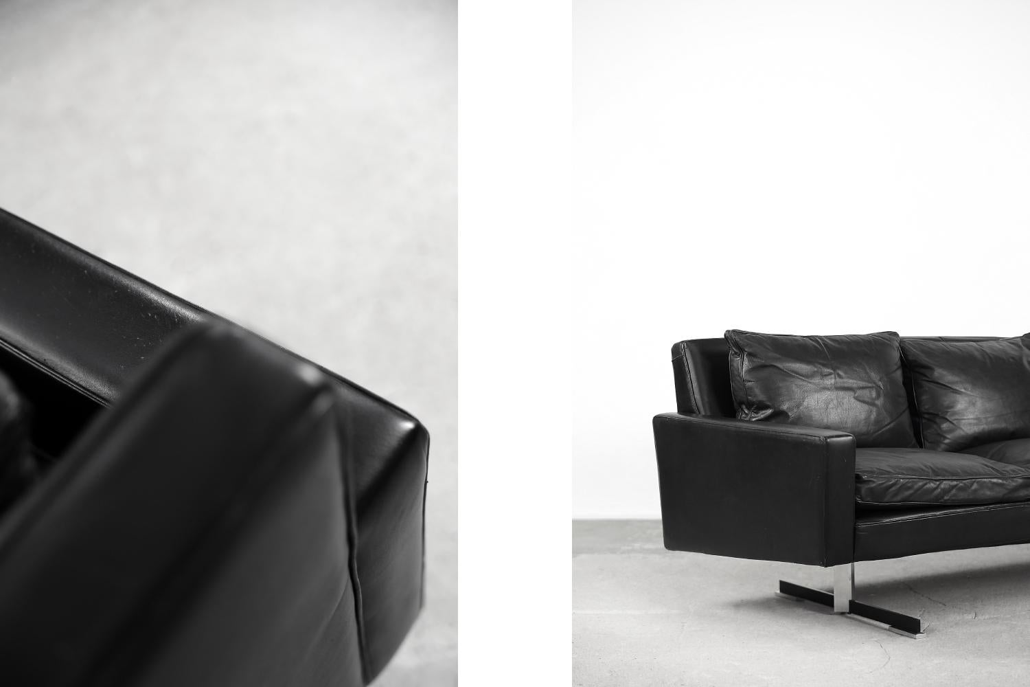 View of Vintage Scandinavian Modern Black Leather 3-Seater Sofa with Metal Legs ...