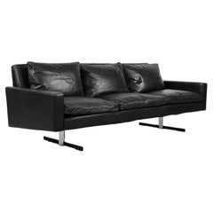 Vintage Scandinavian Modern Black Leather 3-Seater Sofa with Metal Legs, 1960s