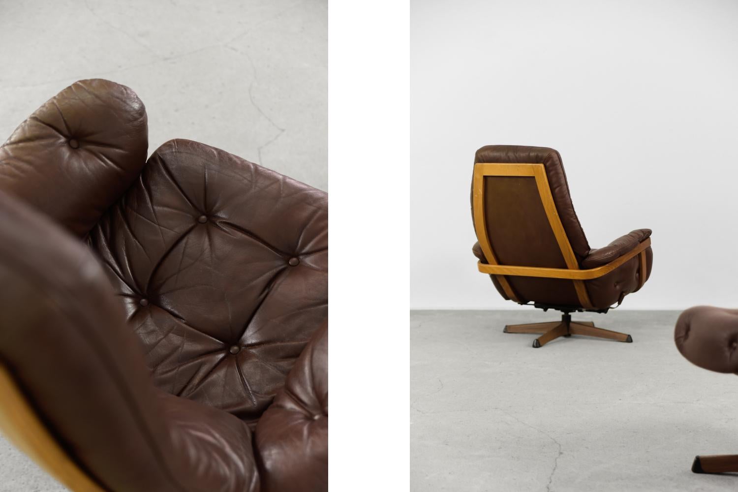 Swedish Vintage Scandinavian Modern Brown Leather Swivel Chairs & Ottoman from Göte