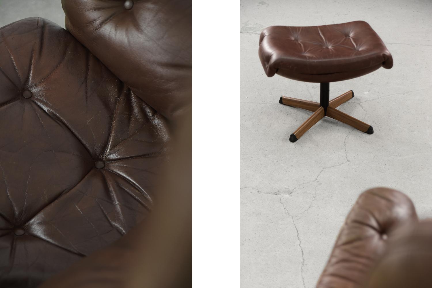 Mid-20th Century Vintage Scandinavian Modern Brown Leather Swivel Chairs & Ottoman from Göte