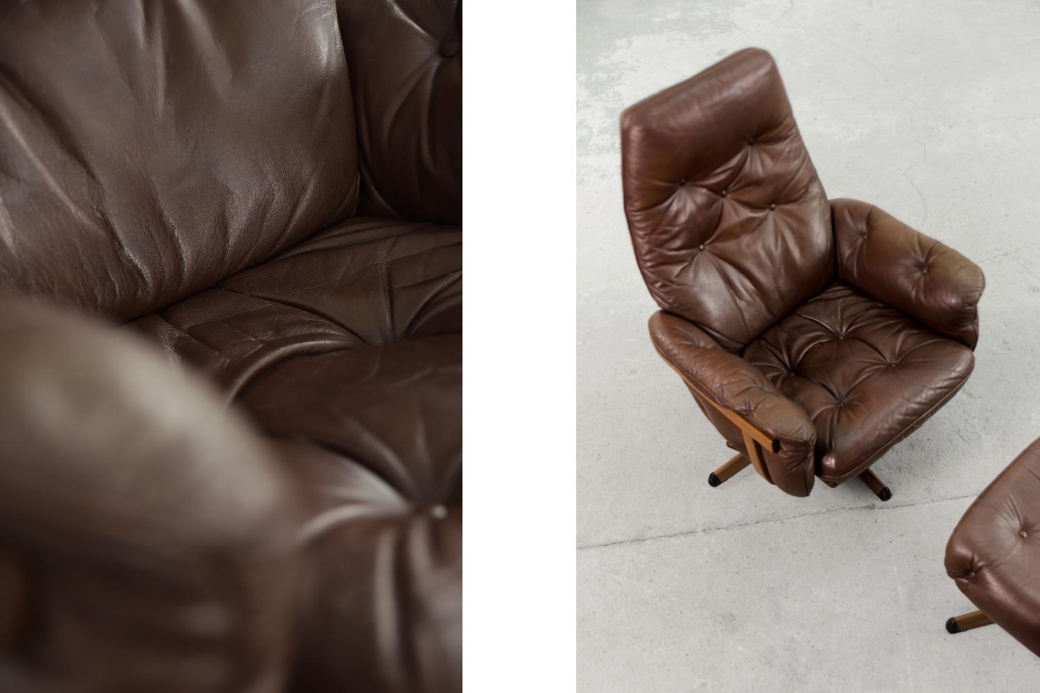 Metal Vintage Scandinavian Modern Brown Leather Swivel Chairs & Ottoman from Göte