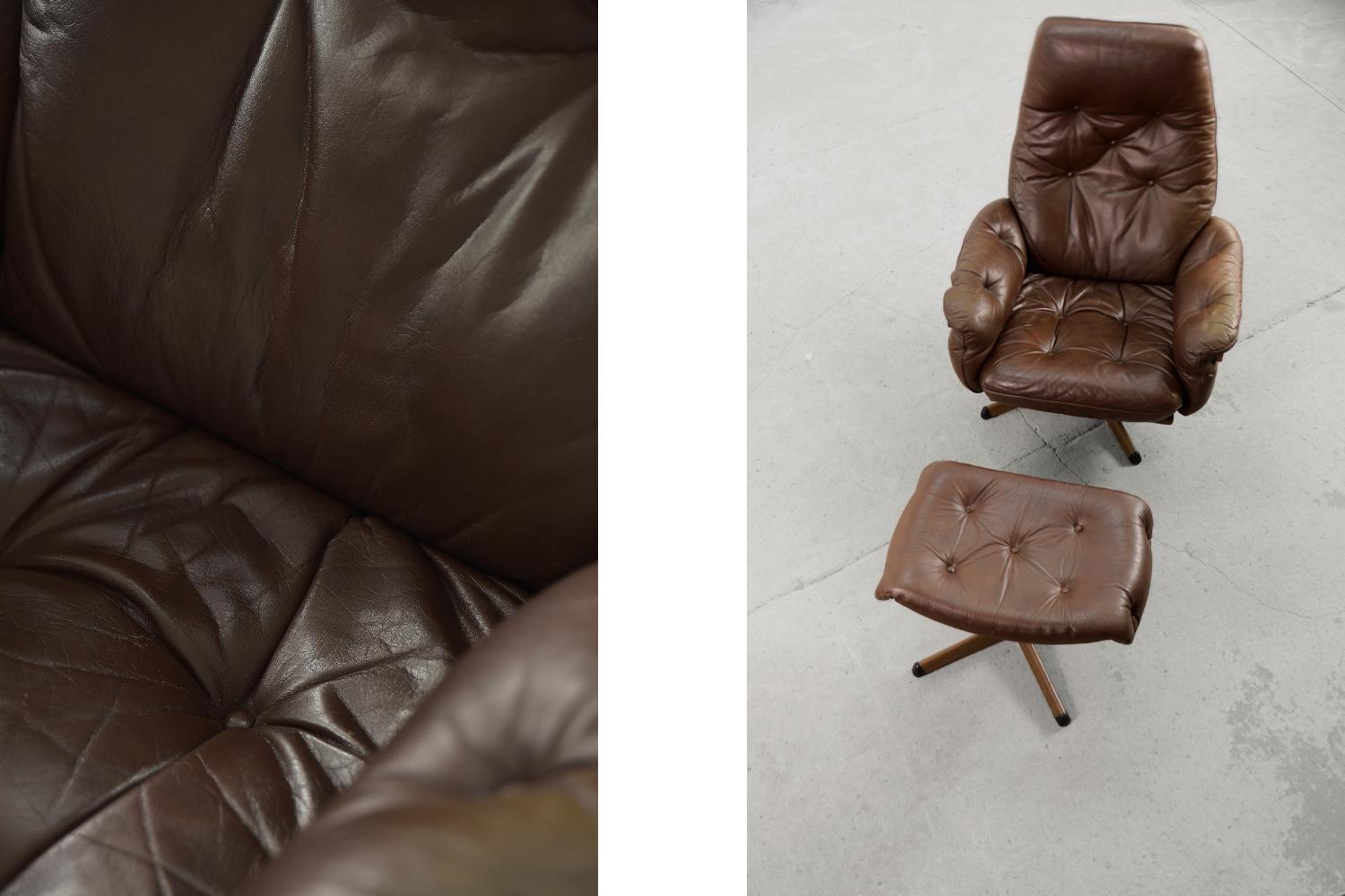 Vintage Scandinavian Modern Brown Leather Swivel Chairs & Ottoman from Göte 1