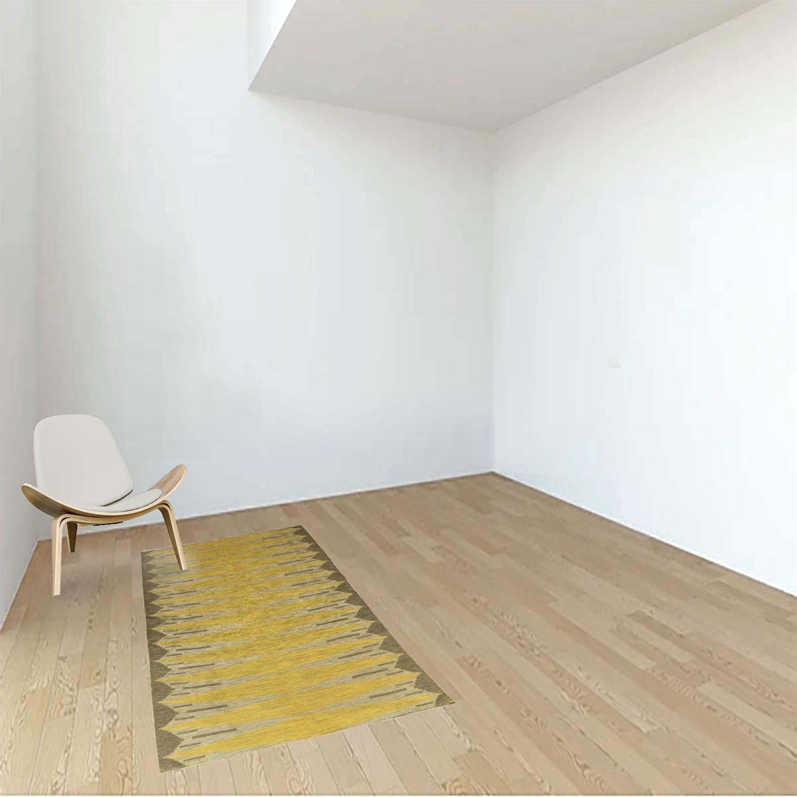 Mid-Century Swedish flat-weave rug designed by Ingrid Dessau. Double weaved - this reversible carpet can be used on both sides. Geometric design in shades of marled gray yarns, mustard yellow and light brown on ends.
Dimensions: 126x193 cm
In very