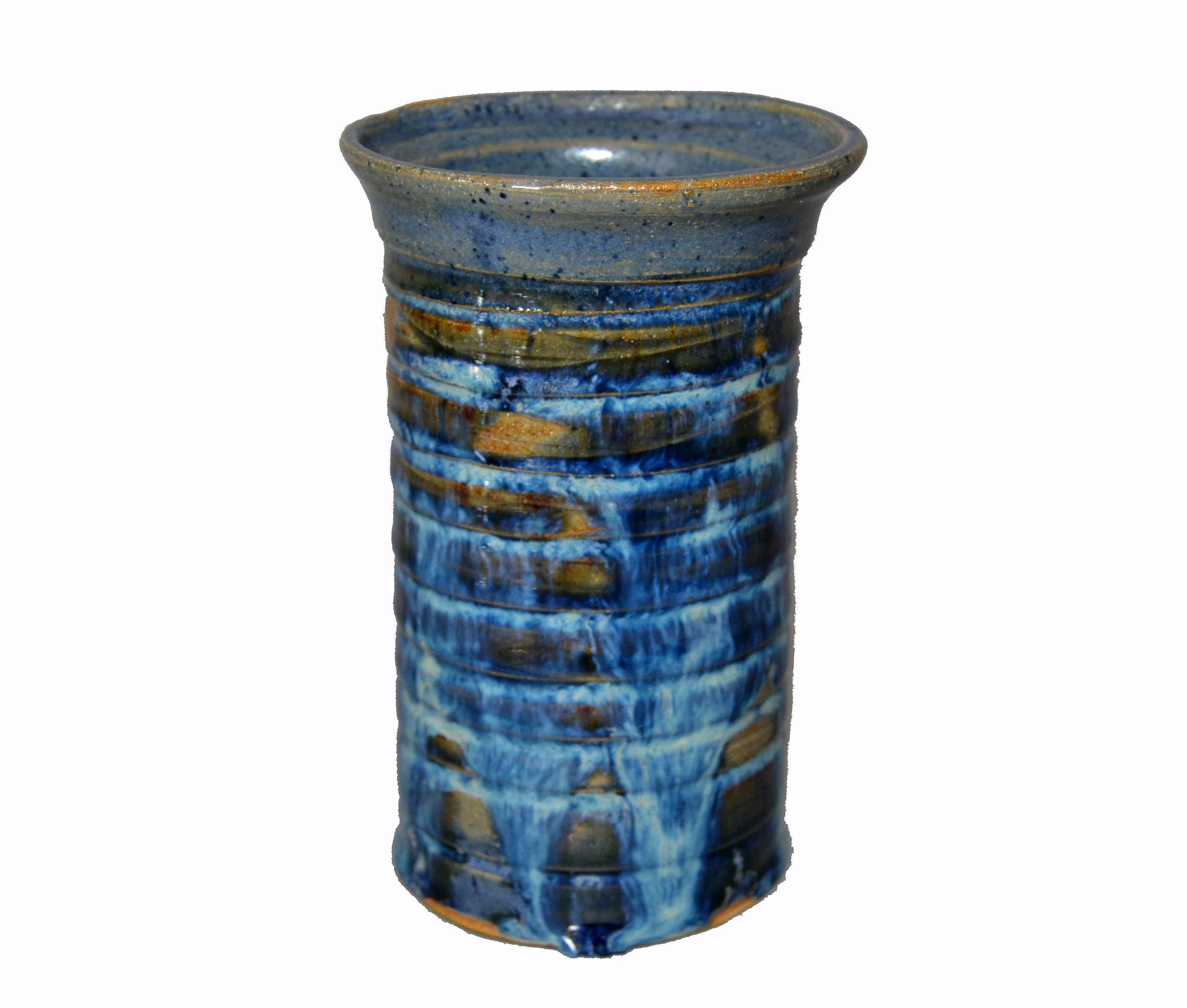 Vintage Scandinavian Modern Glazed Art Pottery Decorative Vase Shades of Blue 2