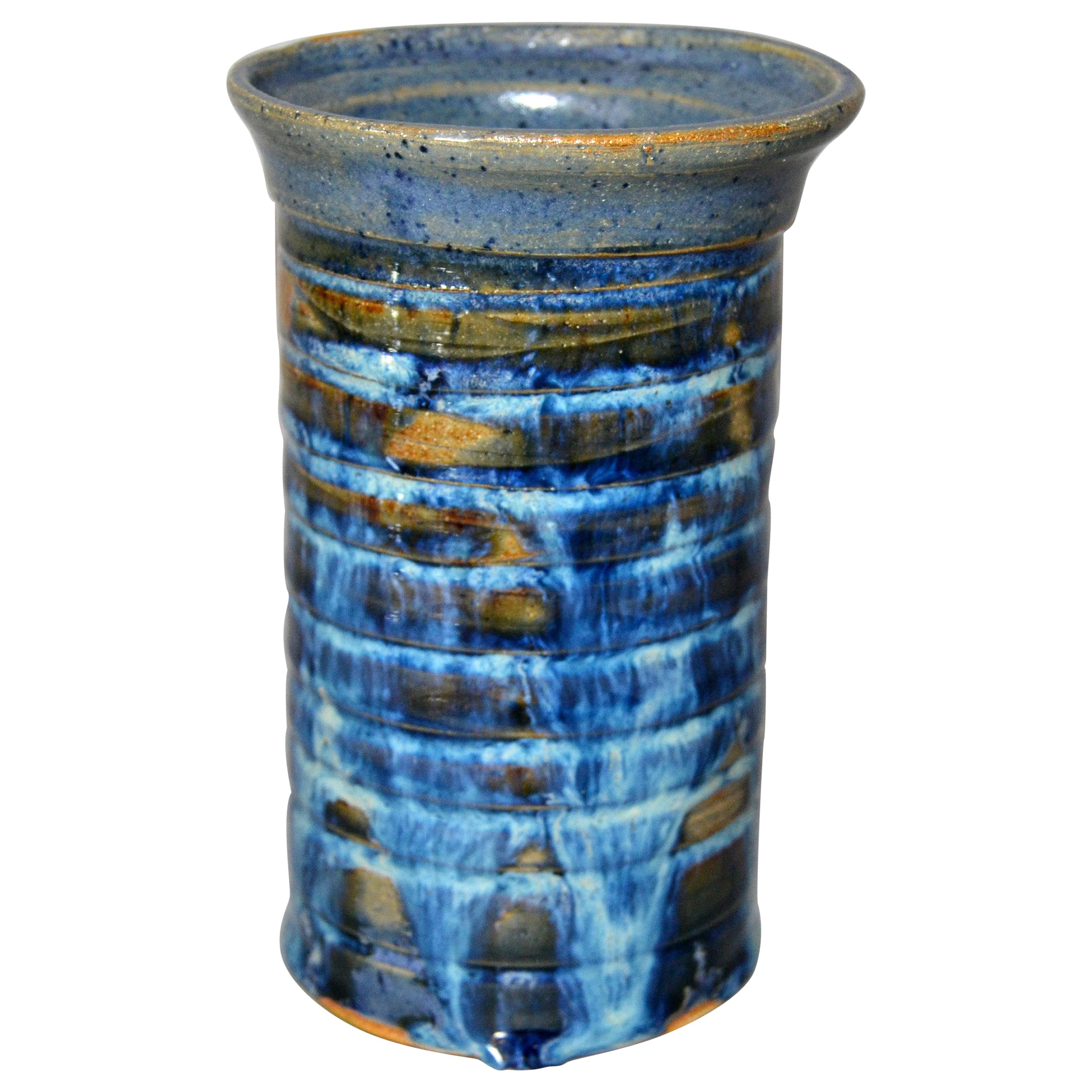 Vintage Scandinavian Modern Glazed Art Pottery Decorative Vase Shades of Blue