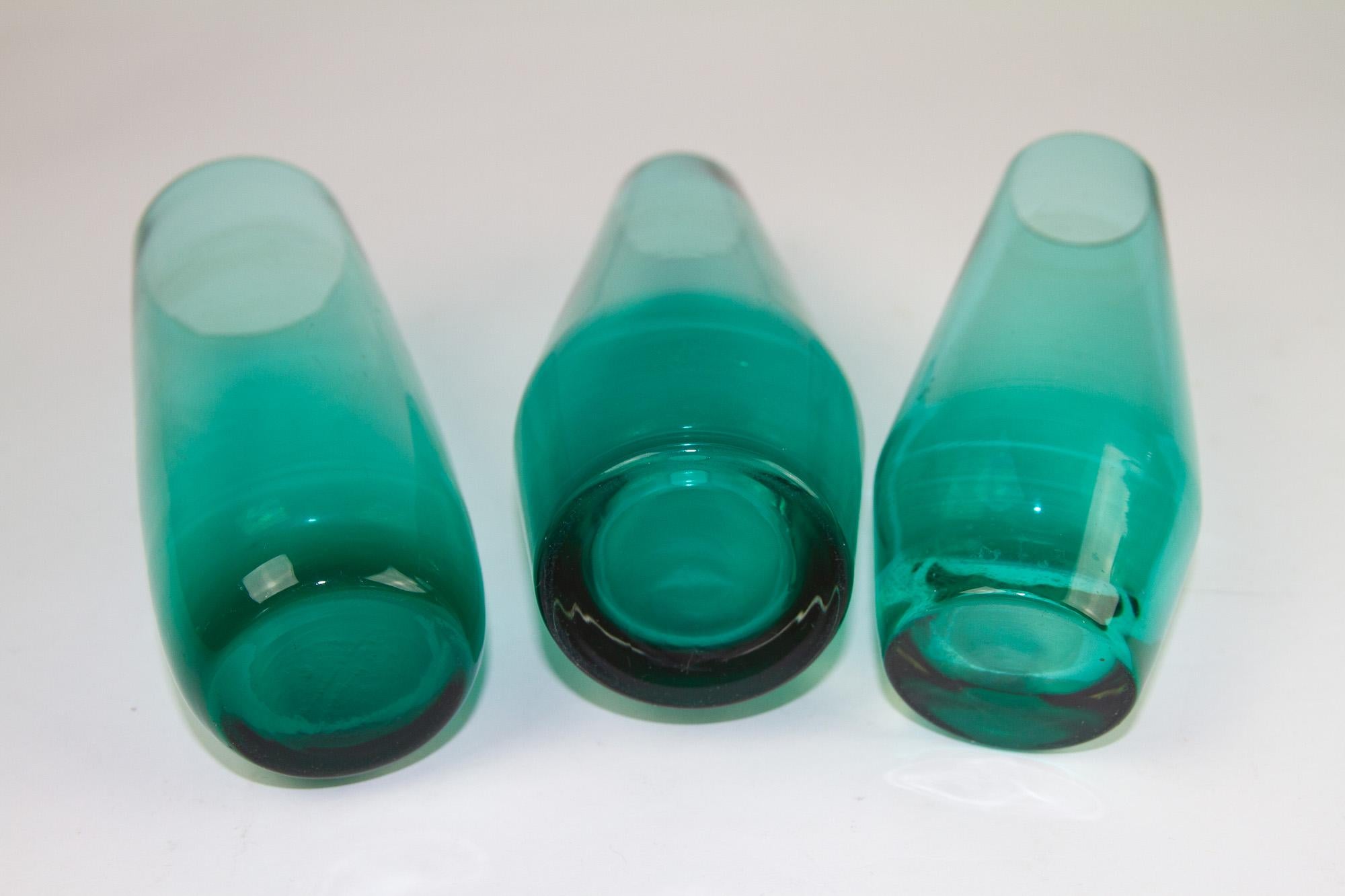 Danish Vintage Scandinavian Modern Green Glass Vases, 1960s, Set of 7 For Sale