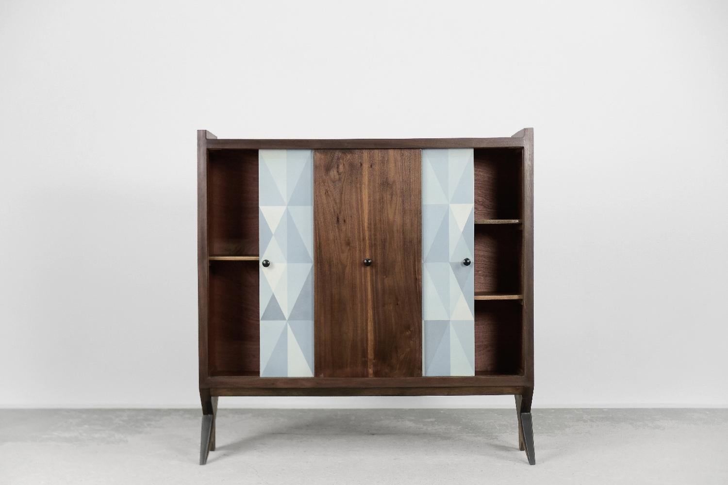 Mid-20th Century Vintage High Mid-century Scandinavian Modern Hand-Painted Walnut Wood Cabinet