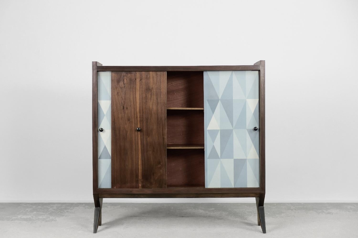 Vintage High Mid-century Scandinavian Modern Hand-Painted Walnut Wood Cabinet 1