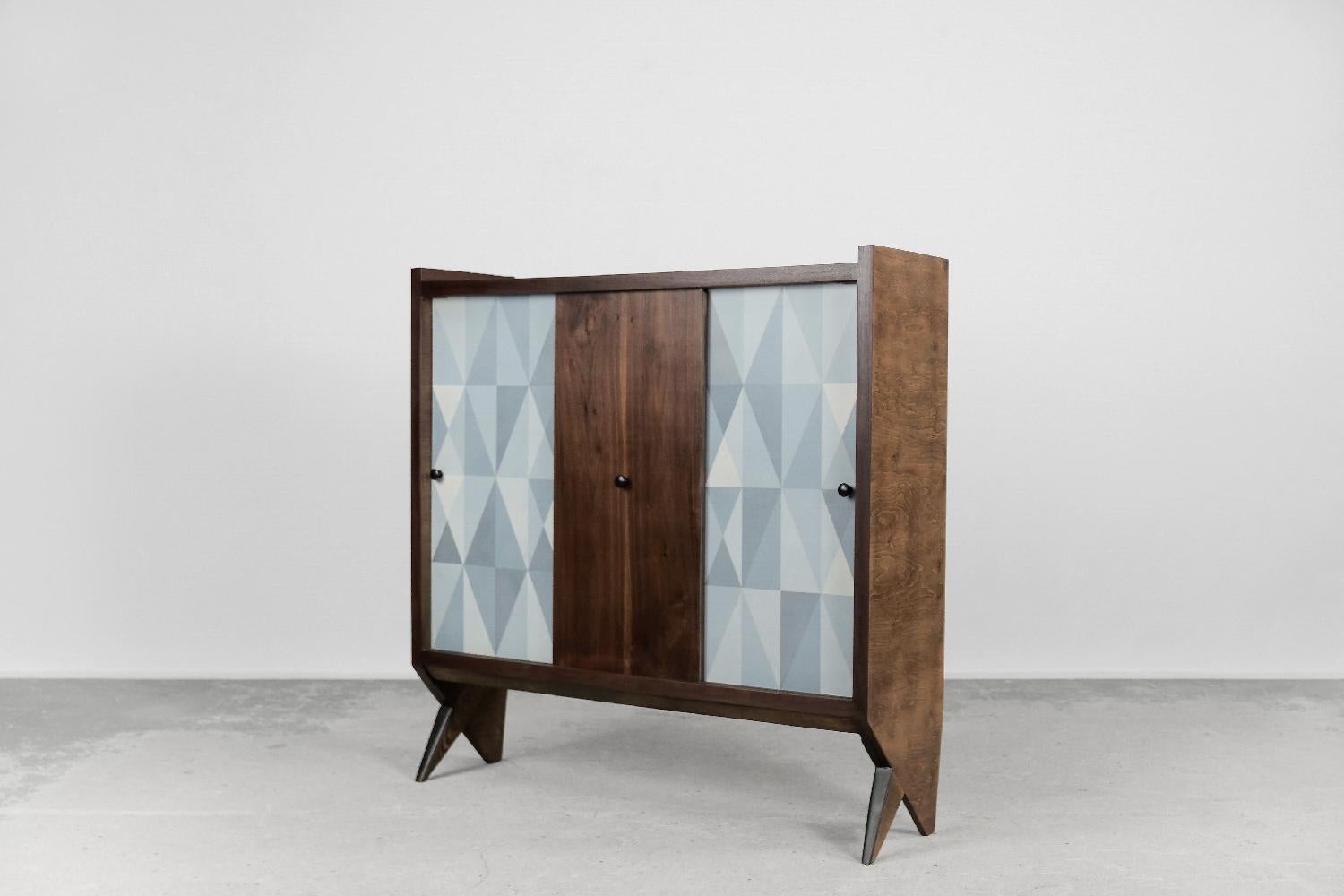 Vintage High Mid-century Scandinavian Modern Hand-Painted Walnut Wood Cabinet 2