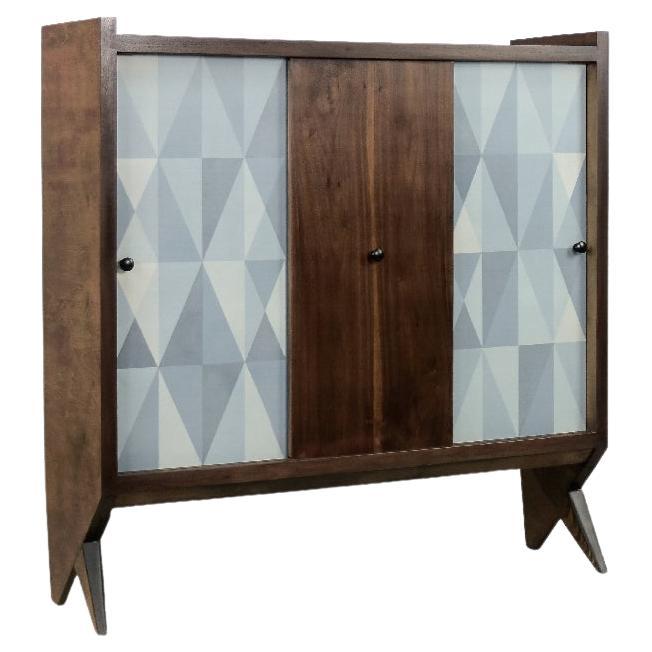 Vintage High Mid-century Scandinavian Modern Hand-Painted Walnut Wood Cabinet