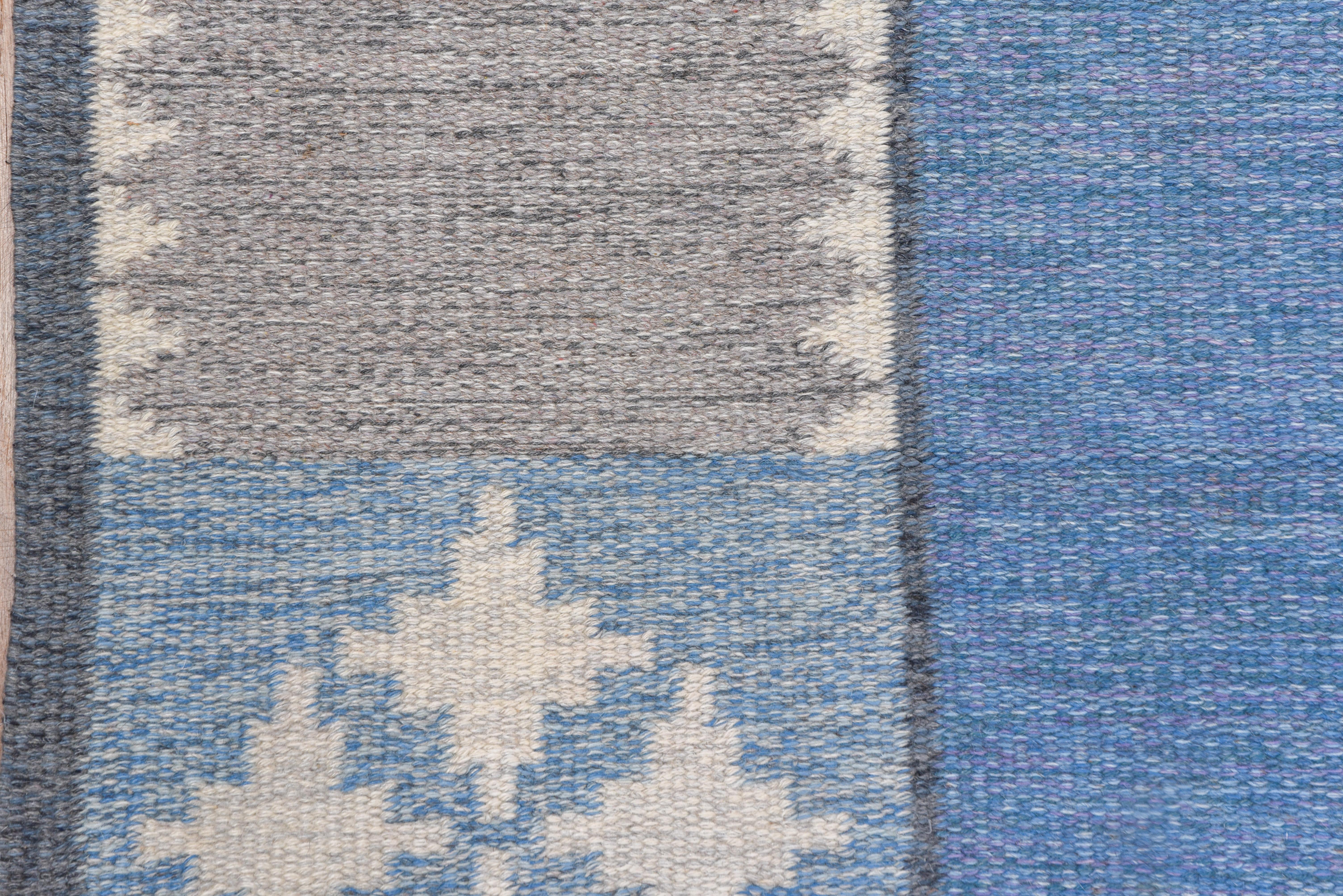 Mid-20th Century Vintage Scandinavian Modern Rollaken Rug, Light Blue Open Field For Sale
