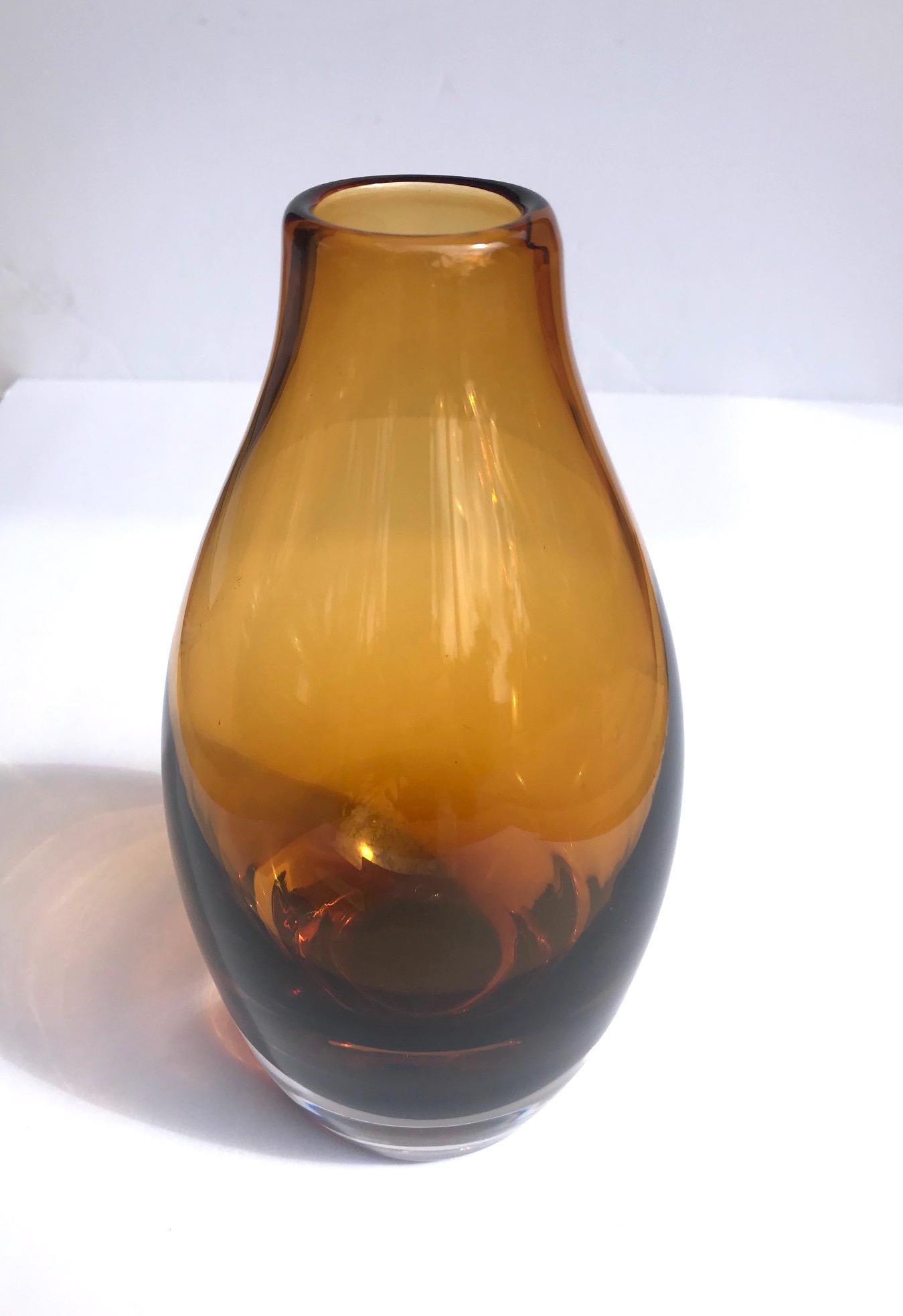 Swedish Vintage Scandinavian Modern Sommerso Glass Vase in Amber, 1970s