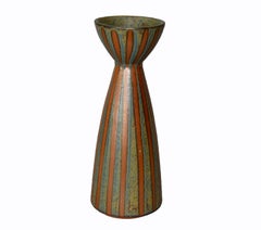 Signed Vintage Asian Modern Ceramic Sake Server Striped in Brown & Blue Japan