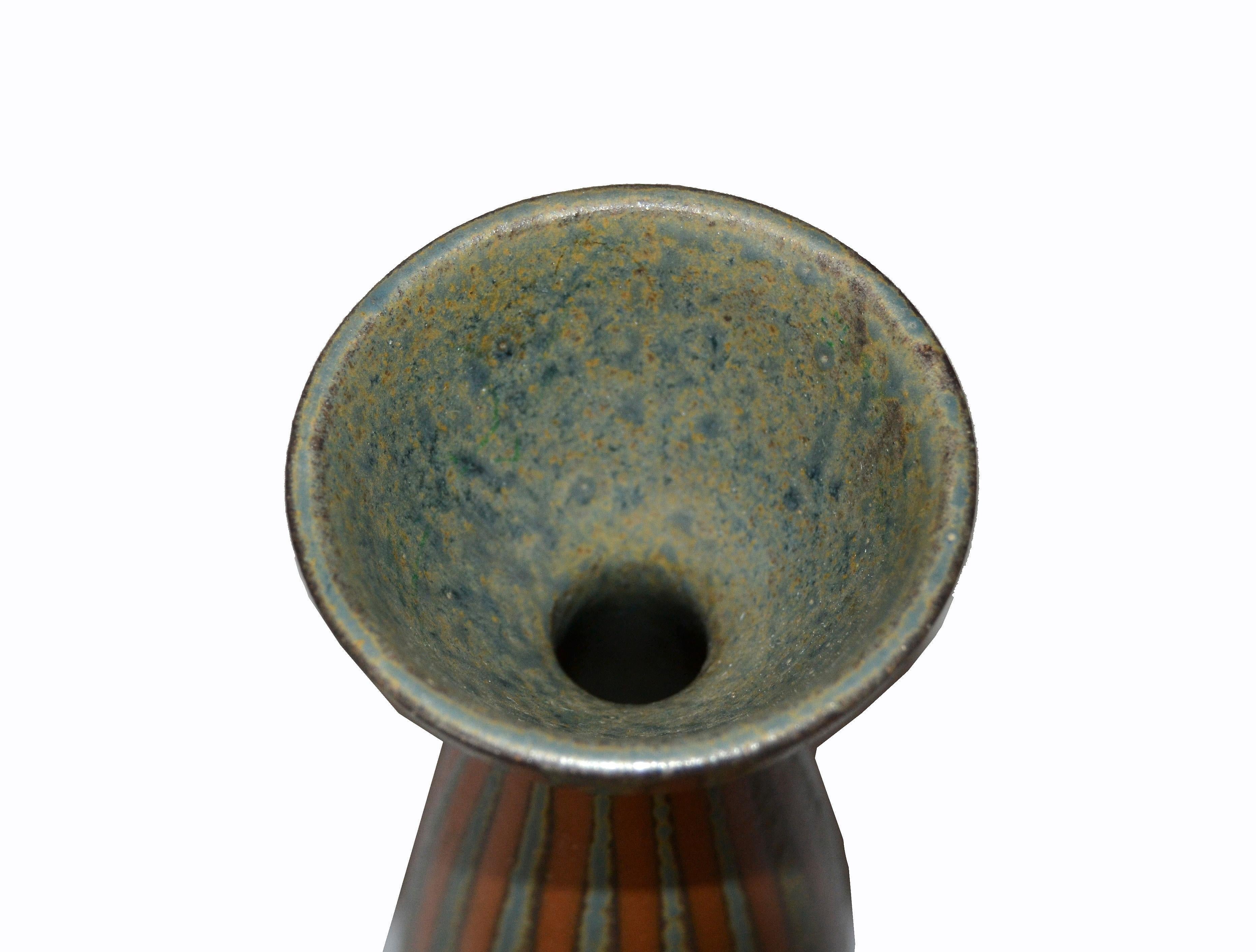 Mid-Century Modern Signed Vintage Asian Modern Ceramic Sake Server Striped in Brown & Blue Japan  For Sale