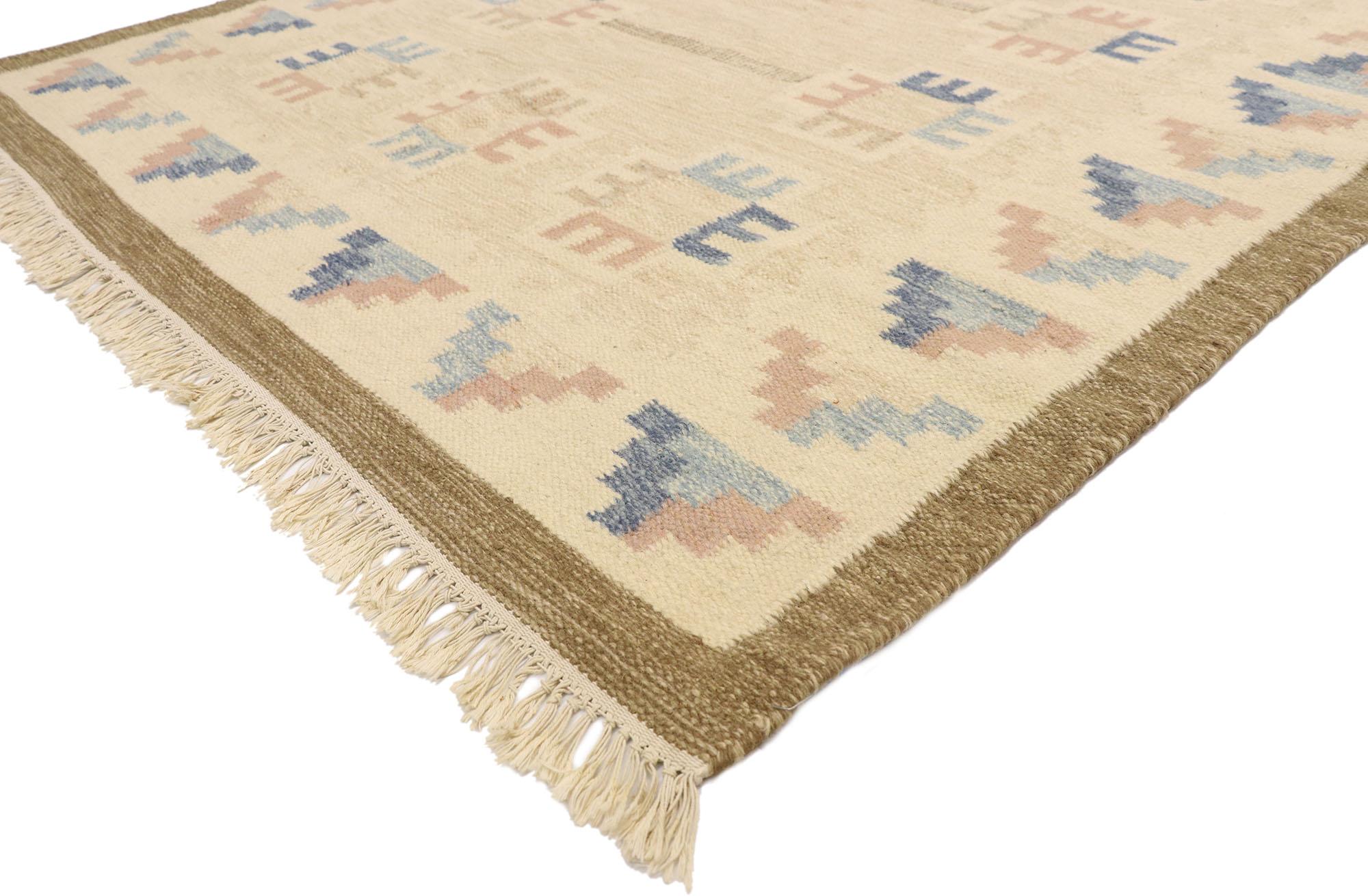 77404, vintage Scandinavian Modern style Swedish Kilim rug, Rollakan rug with boho chic hygge vibes. With its geometric design and Bohemian hygge vibes, this handwoven wool vintage Swedish Kilim rug beautifully embodies the simplicity of