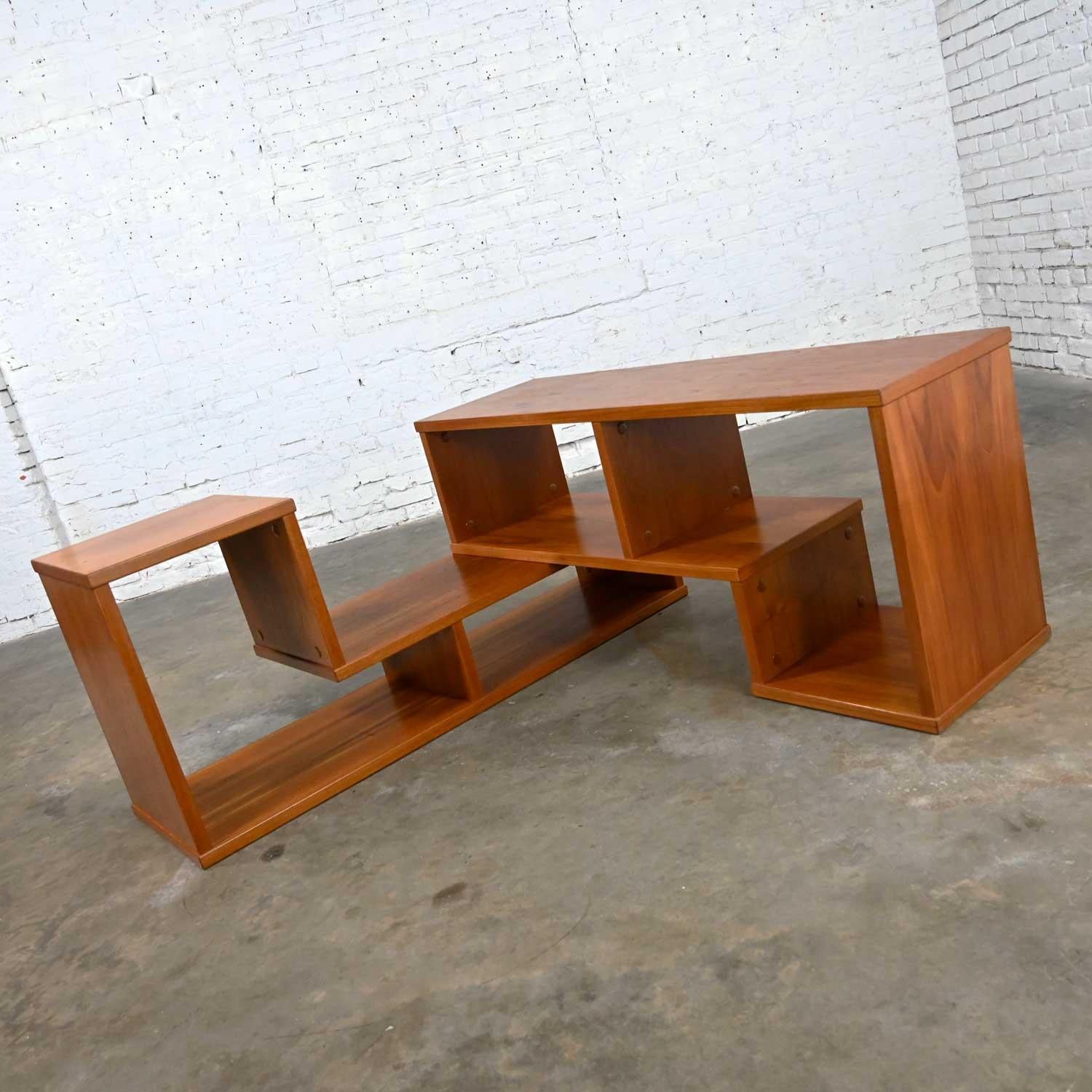 Vintage Scandinavian Modern Teak 2 Piece Adjustable Low Bookcase Entertainment C 4