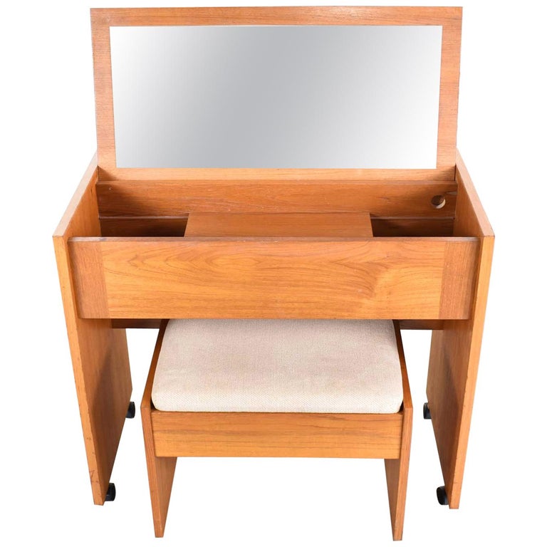 Vintage Scandinavian Modern Teak Flip, Vintage Vanity Table With Mirror And Bench