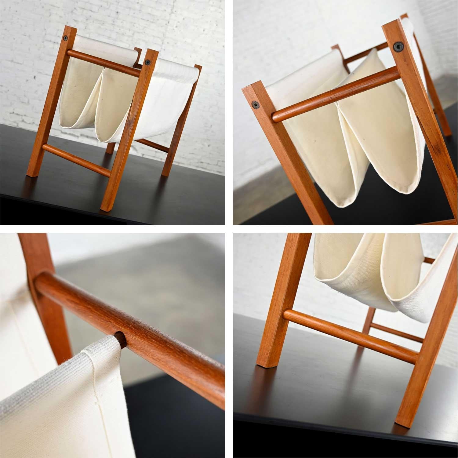 Vintage Scandinavian Modern Teak Frame & Off-White Fabric Sling Magazine Holder For Sale 4