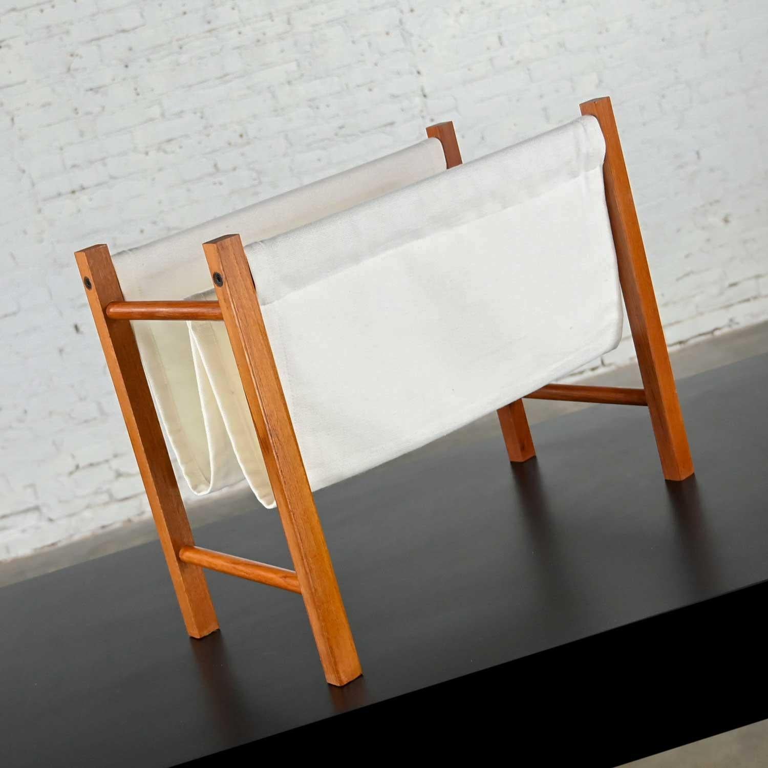 Vintage Scandinavian Modern Teak Frame & Off-White Fabric Sling Magazine Holder For Sale 5