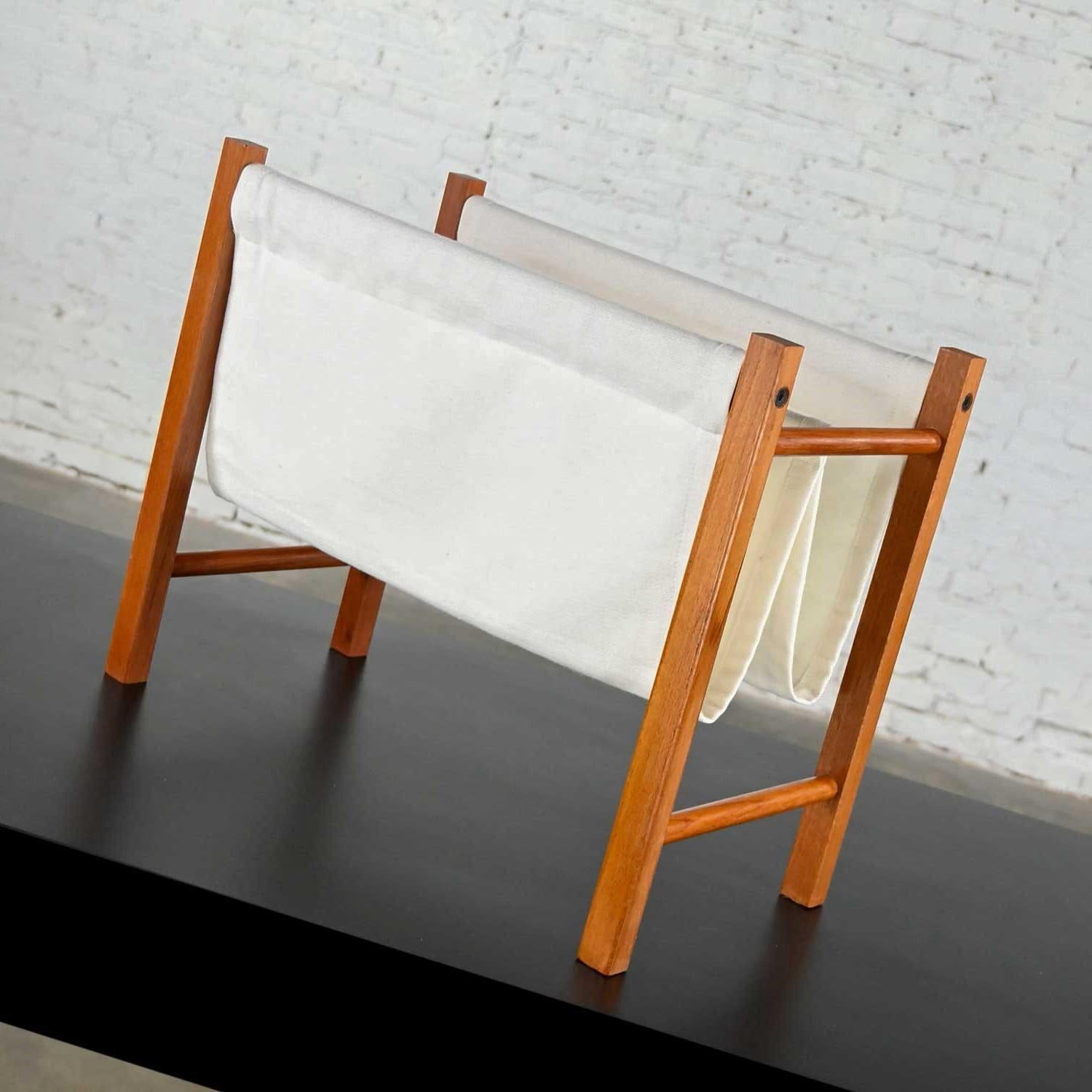 Vintage Scandinavian Modern Teak Frame & Off-White Fabric Sling Magazine Holder For Sale 6