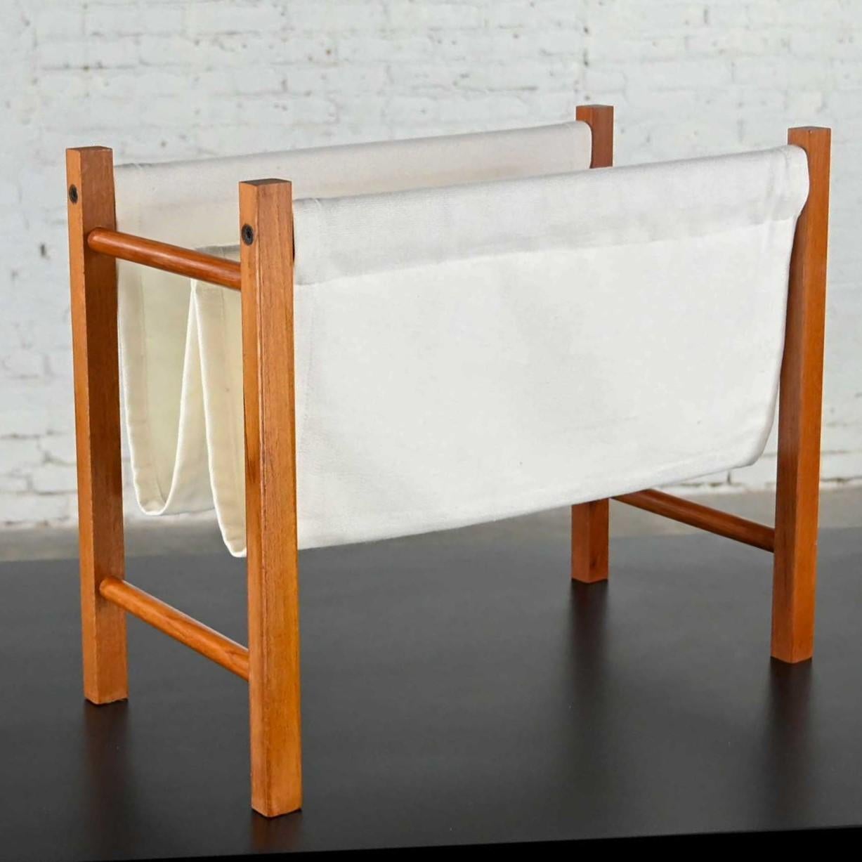 Vintage Scandinavian Modern Teak Frame & Off-White Fabric Sling Magazine Holder For Sale 7