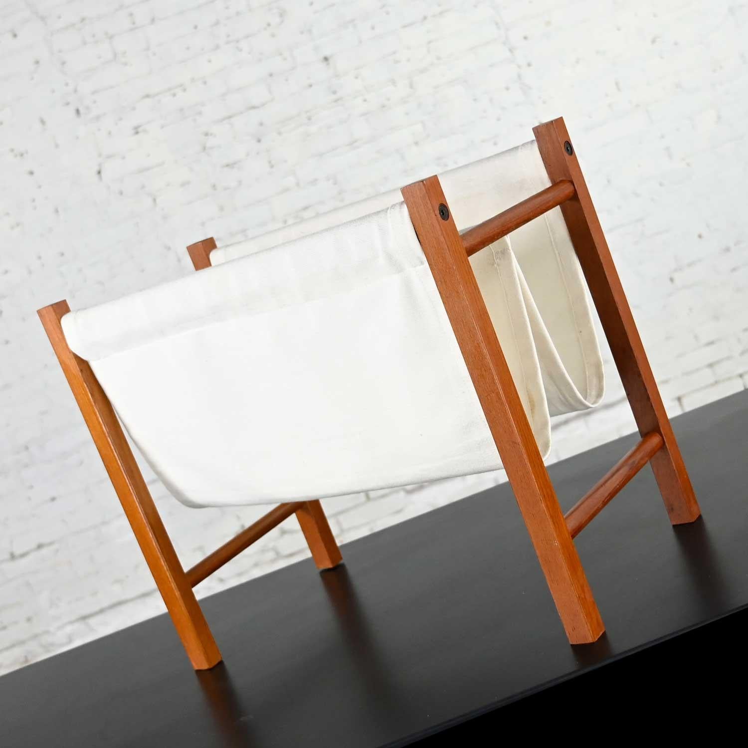 Vintage Scandinavian Modern Teak Frame & Off-White Fabric Sling Magazine Holder For Sale 9