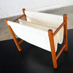 Vintage Scandinavian Modern Teak Frame & Off-White Fabric Sling Magazine Holder