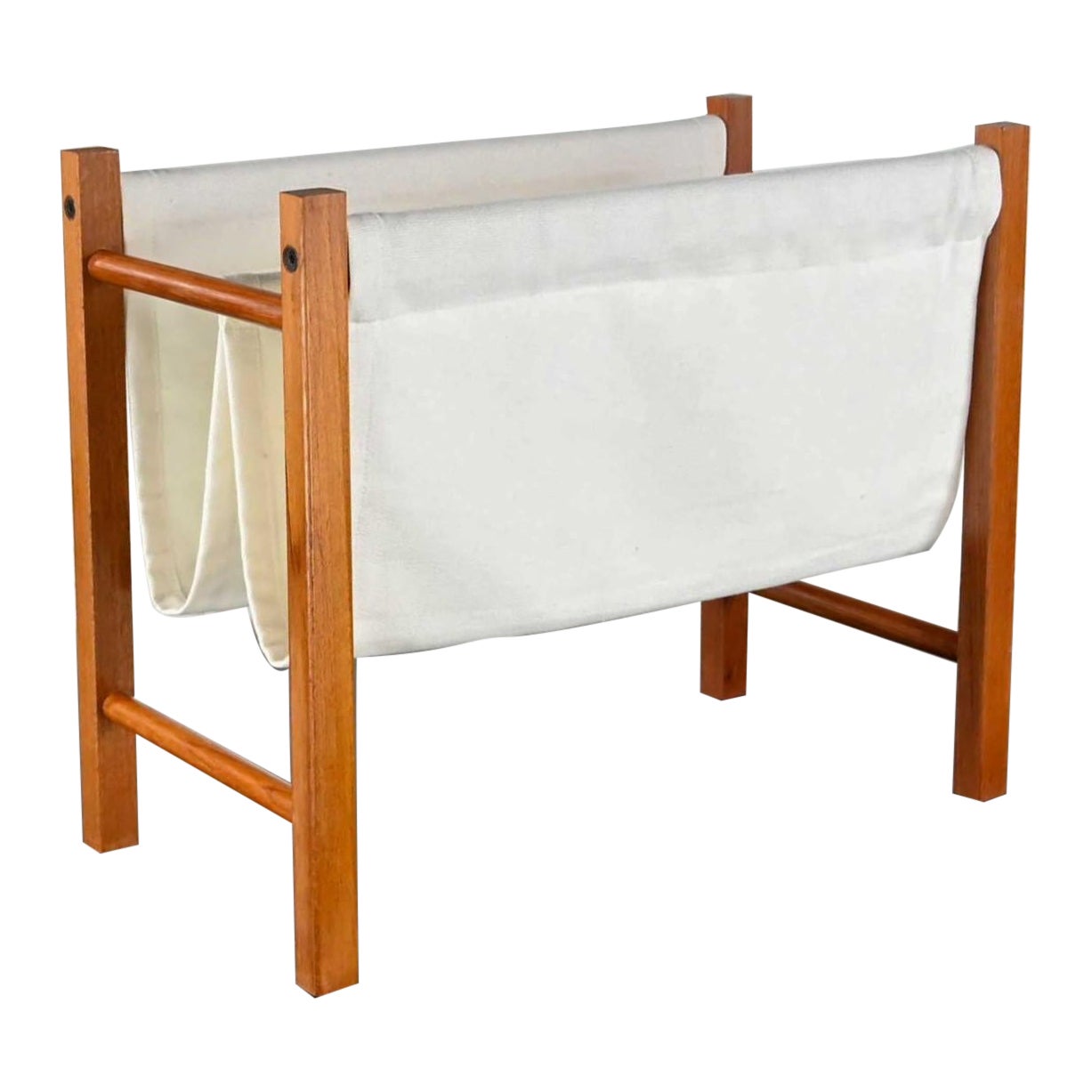 Vintage Scandinavian Modern Teak Frame & Off-White Fabric Sling Magazine Holder For Sale