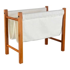 Vintage Scandinavian Modern Teak Frame & Off-White Fabric Sling Magazine Holder