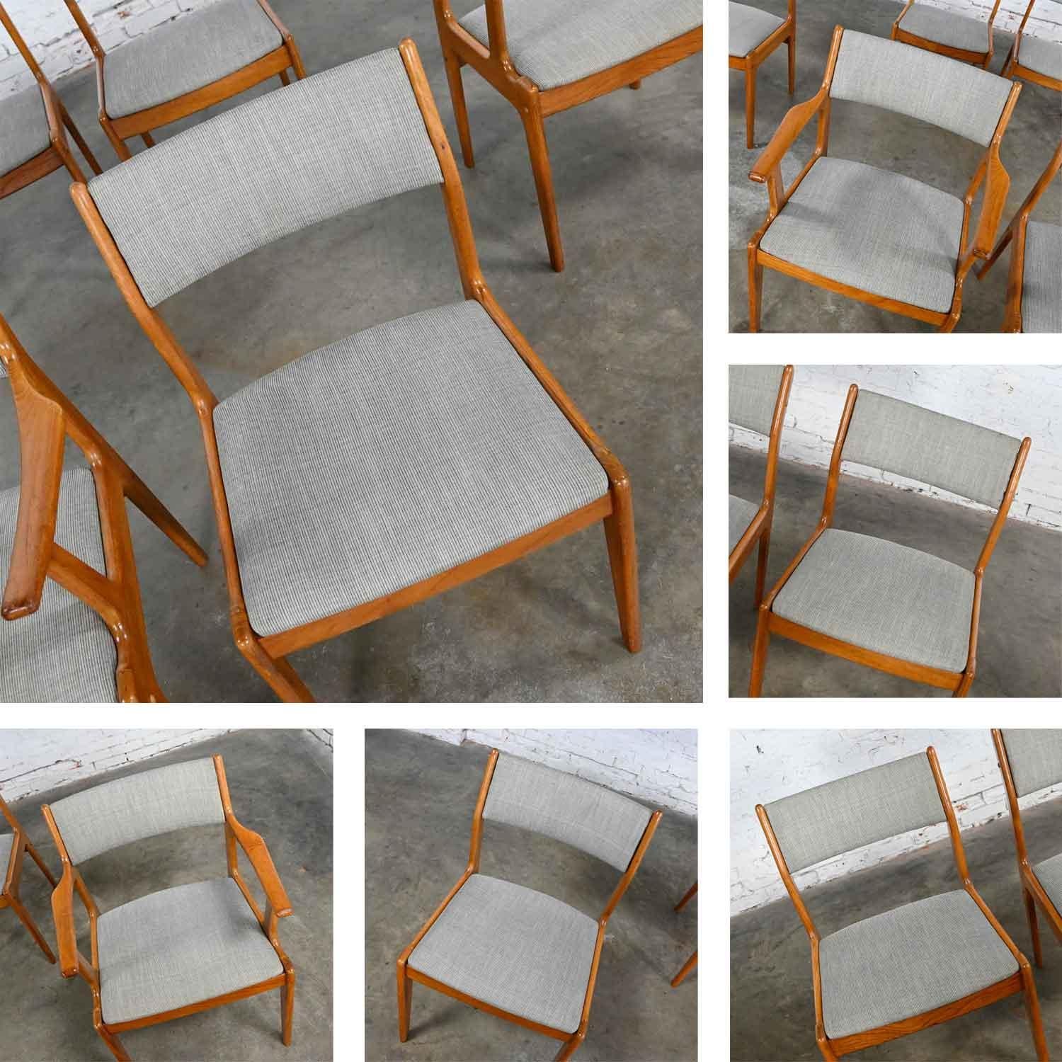Vintage Scandinavian Modern Teak & Grey Fabric Dining Chairs 2 Arm 4 Side Set 6 For Sale 8