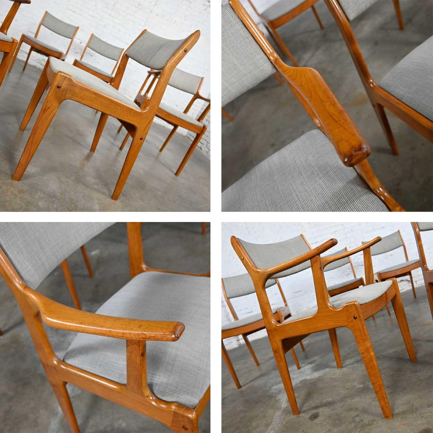 Vintage Scandinavian Modern Teak & Grey Fabric Dining Chairs 2 Arm 4 Side Set 6 For Sale 9