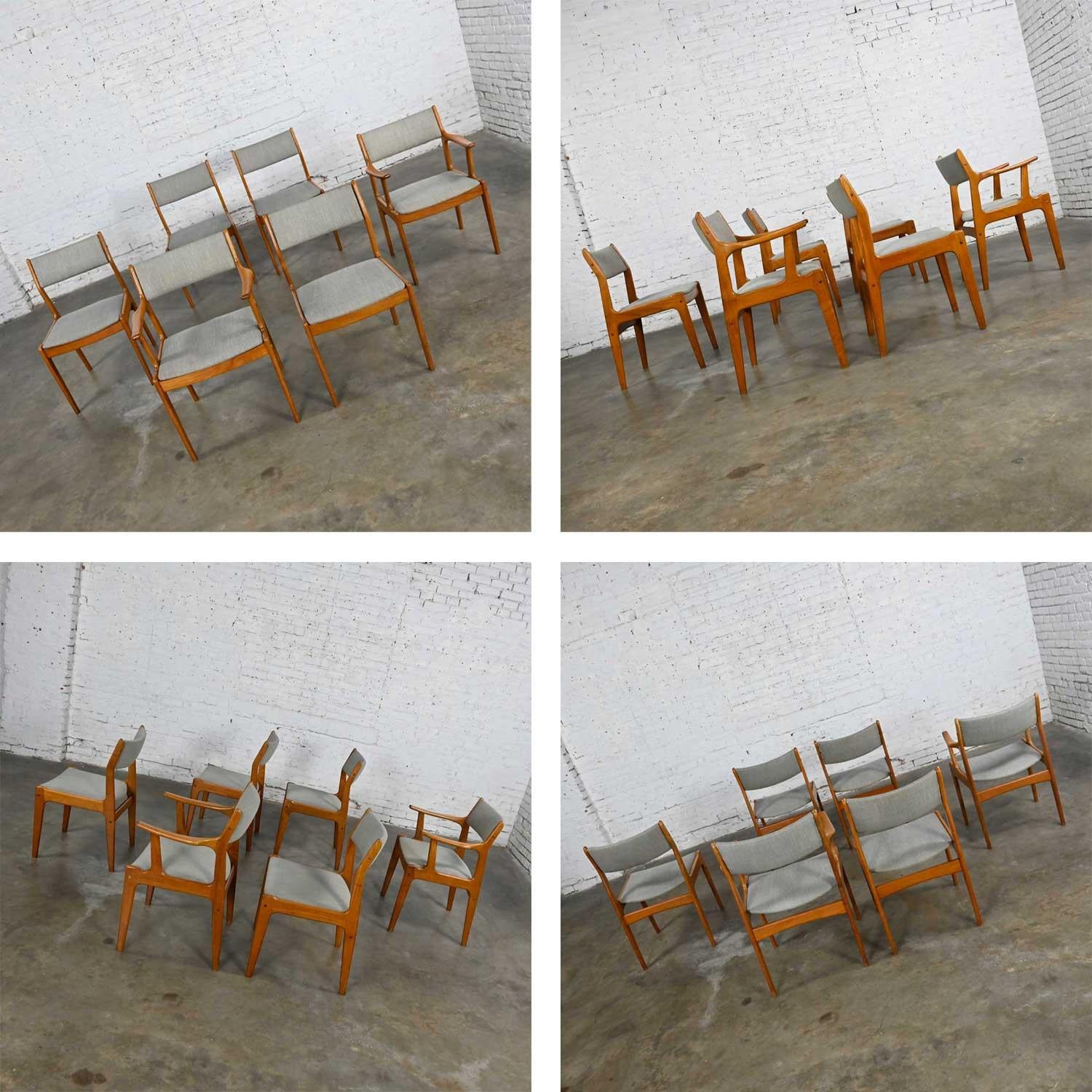 Vintage Scandinavian Modern Teak & Grey Fabric Dining Chairs 2 Arm 4 Side Set 6 For Sale 10