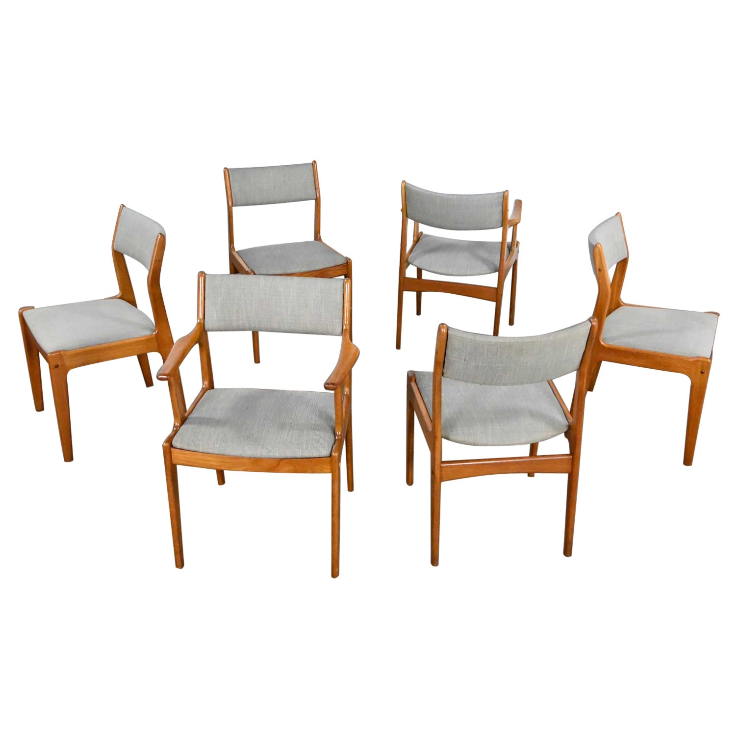 Esszimmerstühle aus Teakholz und grauem Stoff, 2 Armlehnen, 4 Beistellstühle, skandinavische Moderne, 6er-Set, Vintage