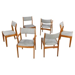 Vintage Scandinavian Modern Teak & Grey Fabric Dining Chairs 2 Arm 4 Side Set 6