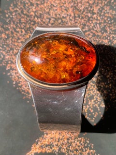 Brazalete escandinavo modernista vintage de ámbar natural y plata de ley