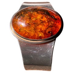 Brazalete escandinavo modernista vintage de ámbar natural y plata de ley