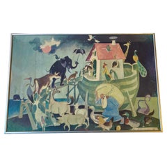 Vintage Scandinavian Noah's Ark Naive Off-Set Lithograph in Colors