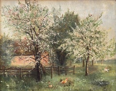 Óleo escandinavo vintage de un paisaje rural primaveral con gallinas