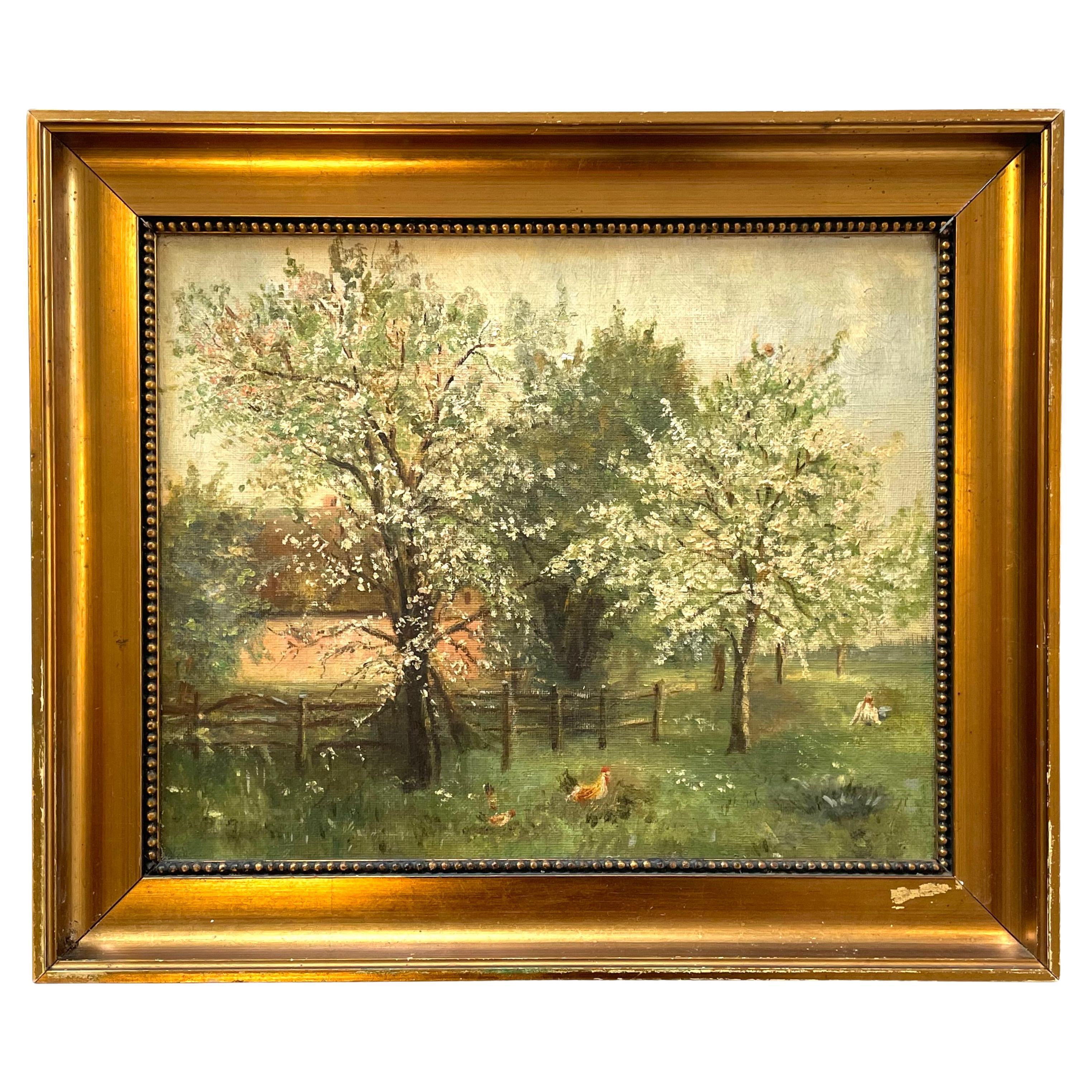 Quadro ad olio scandinavo d
epoca raffigurante un paesaggio di campagna primaverile con galline