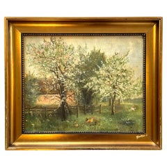 Vintage Scandinavian oil painting of a countryside spring scenery with chickens