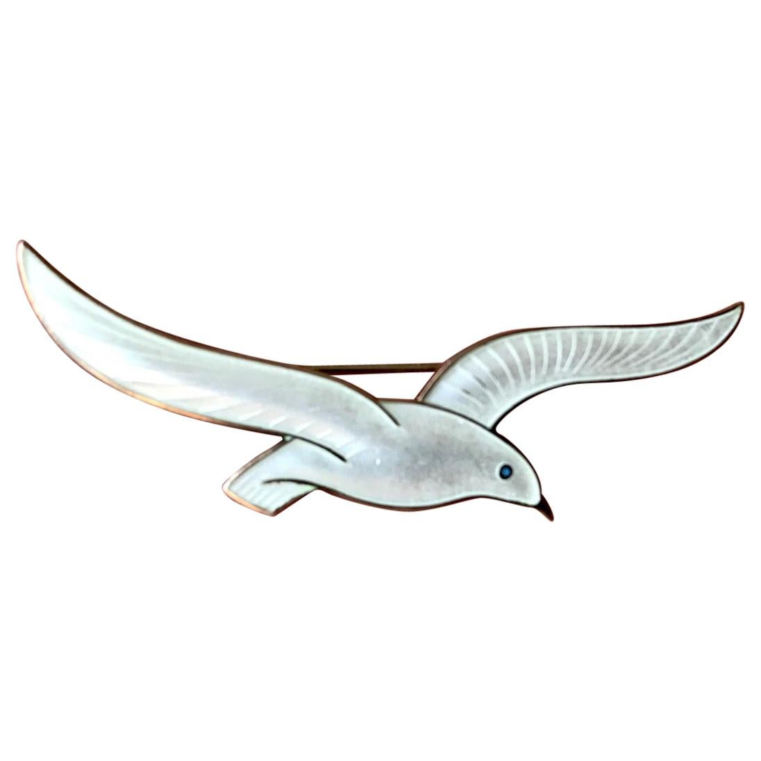 Vintage Scandinavian Peace Dove Pin Brooch in Silver and Enamel guilloche, 1950s