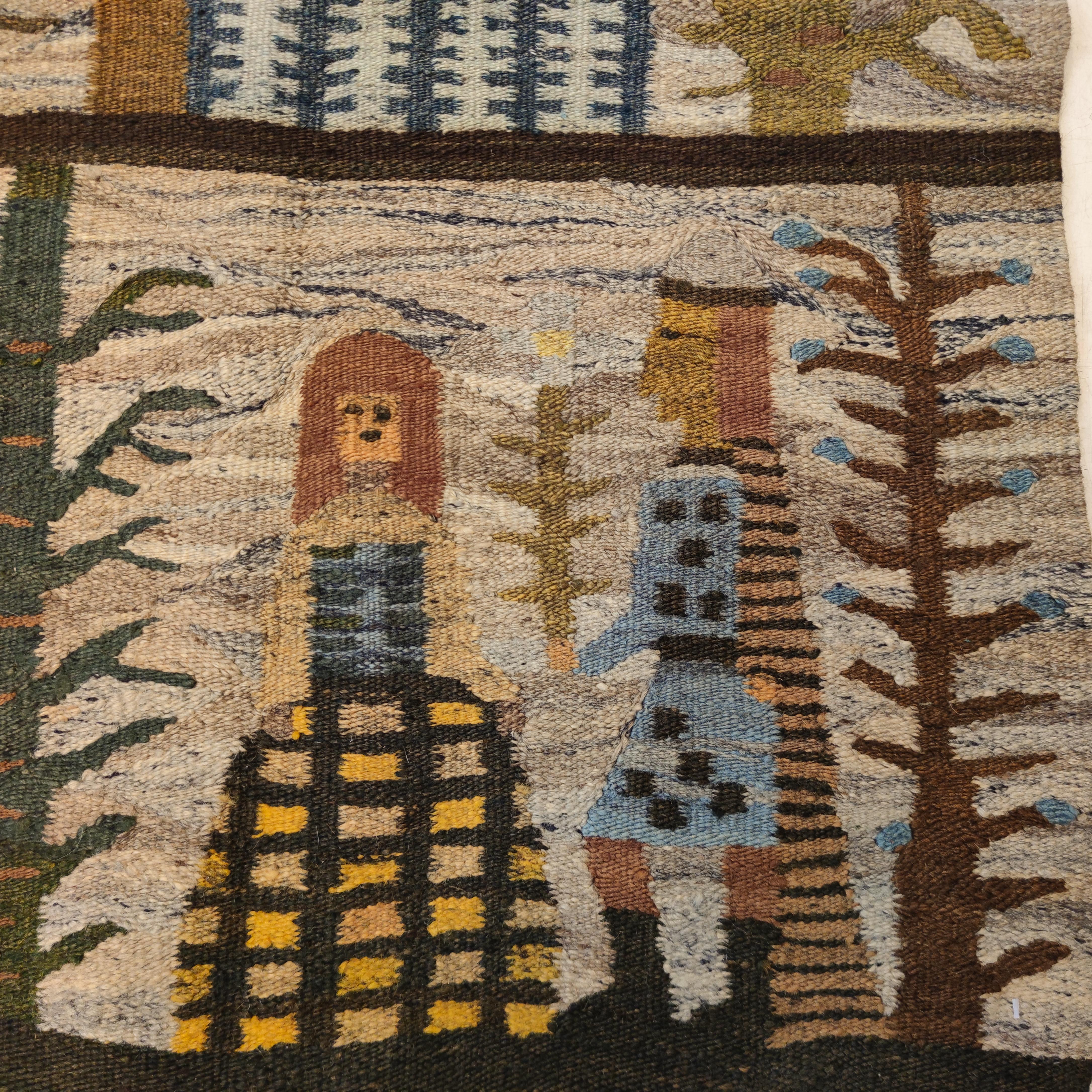 A rare and unusual flat-woven tapestry, depicting a courtly scene. Folk weavings such as this example are characteristic of the Scandinavian rural textile tradition, which has a long history both in Sweden as well as Norway. This piece is quite