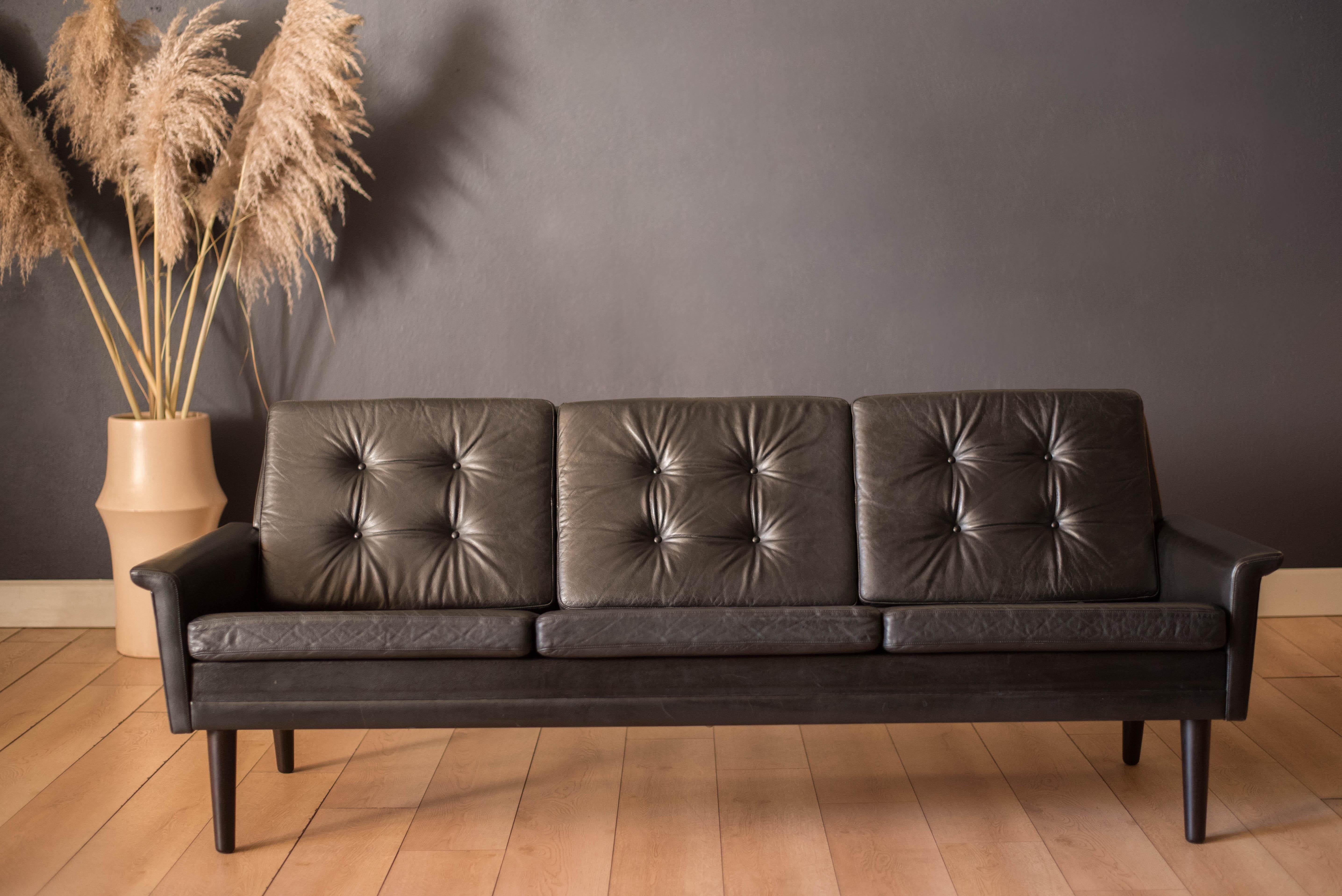 Scandinavian Modern Vintage Scandinavian Rosewood and Black Leather Three Seat Sofa For Sale