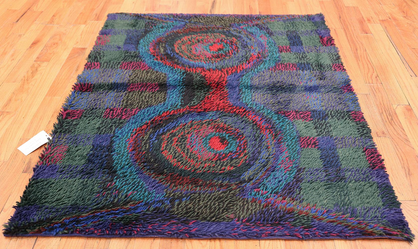 Vintage Scandinavian Rya Shag Rug, Origin: Scandinavia, Artist: Ritva Puotila, Circa: Mid 20th century. Size: 4 ft 5 in x 5 ft 10 in (1.35 m x 1.78 m)

Here is a highly unique and intriguing vintage carpet - a vintage Rya rug that was woven in
