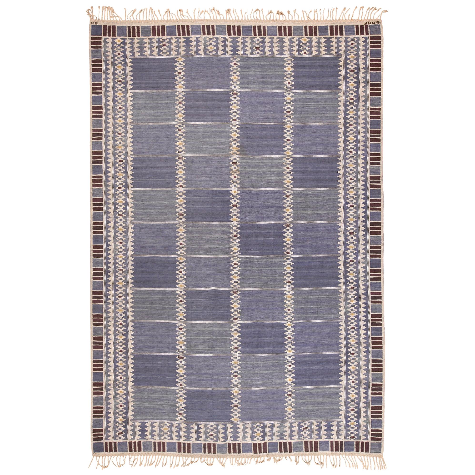 Vintage Scandinavian Salerno Blue Marta Maas Rug. Size: 9 ft 3 in x 14 ft 