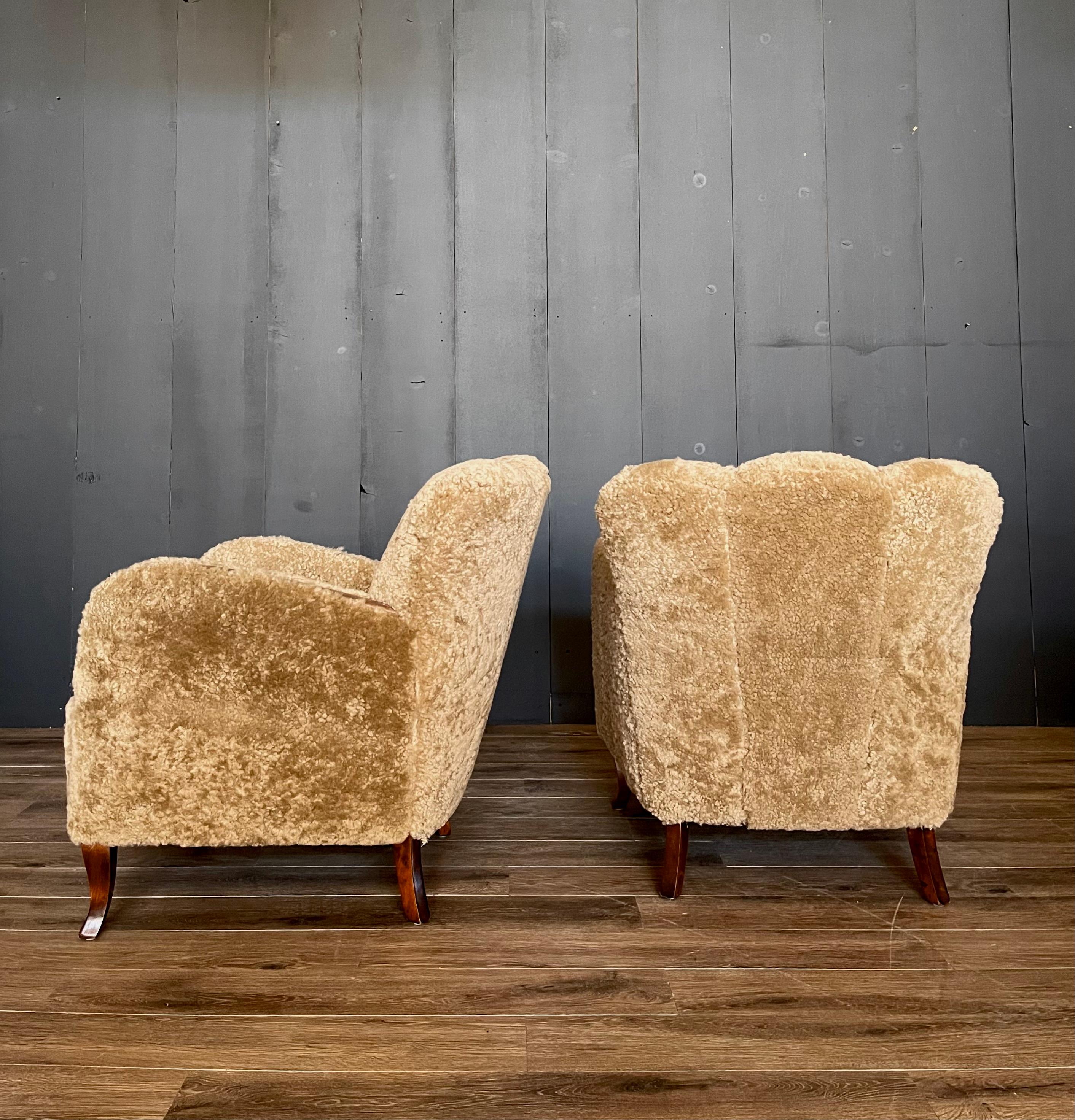 Vintage Scandinavian Sheepskin Art Deco Lounge Chairs, Danish, Shearling In Good Condition In Mckinney, TX