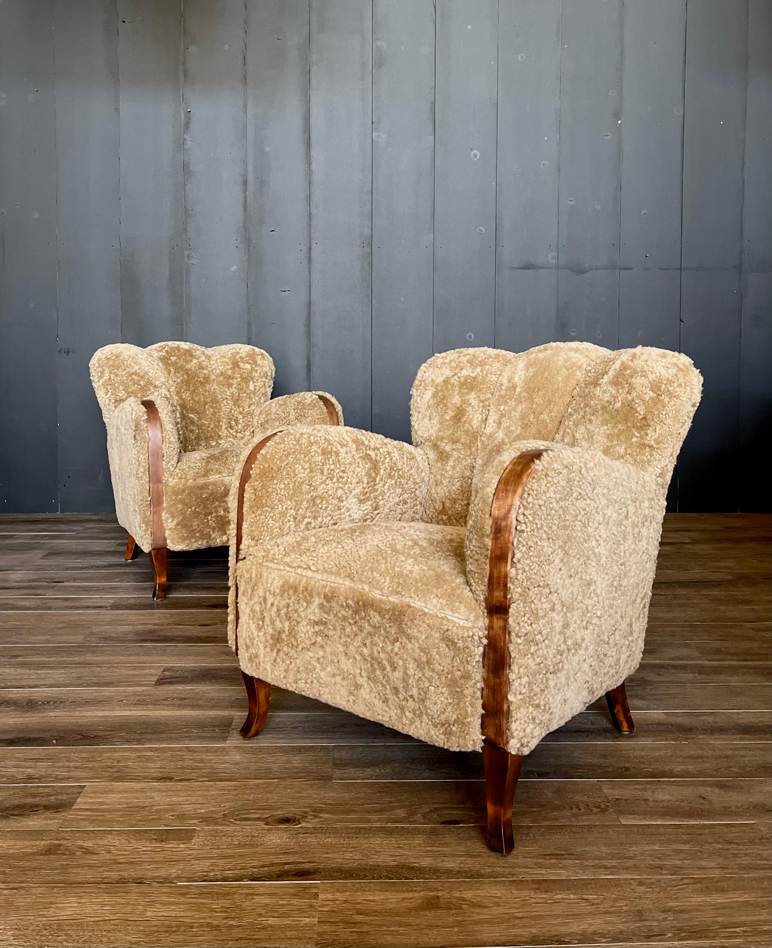 Mid-20th Century Vintage Scandinavian Sheepskin Art Deco Lounge Chairs, Danish, Shearling