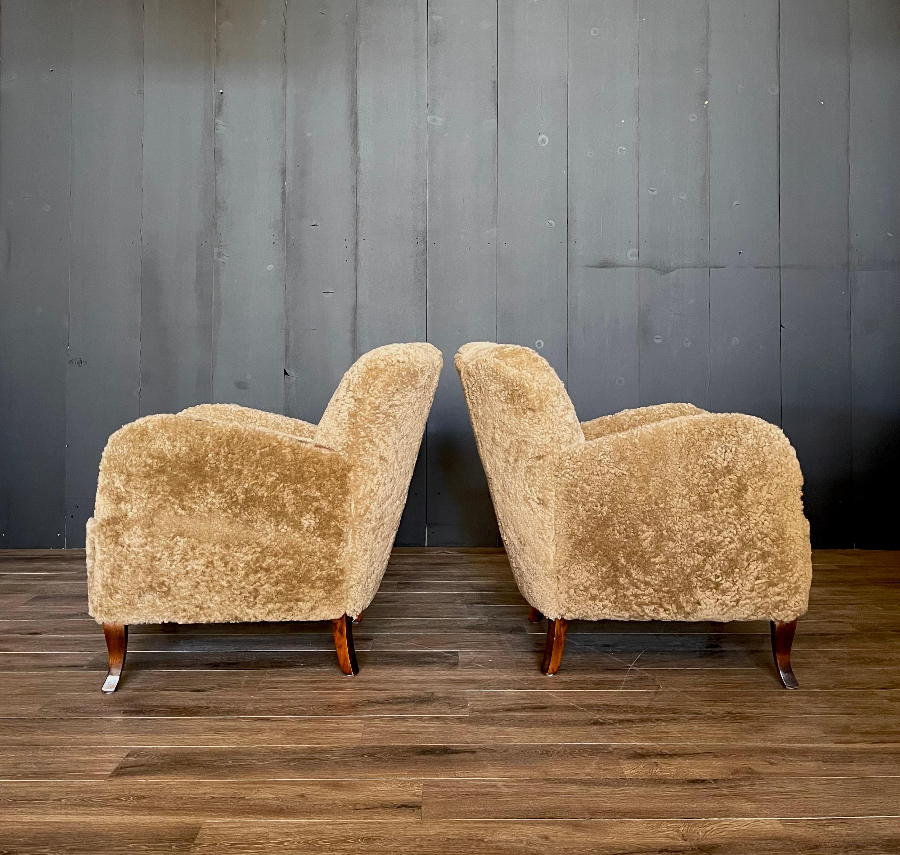 Vintage Scandinavian Sheepskin Art Deco Lounge Chairs, Danish, Shearling 1