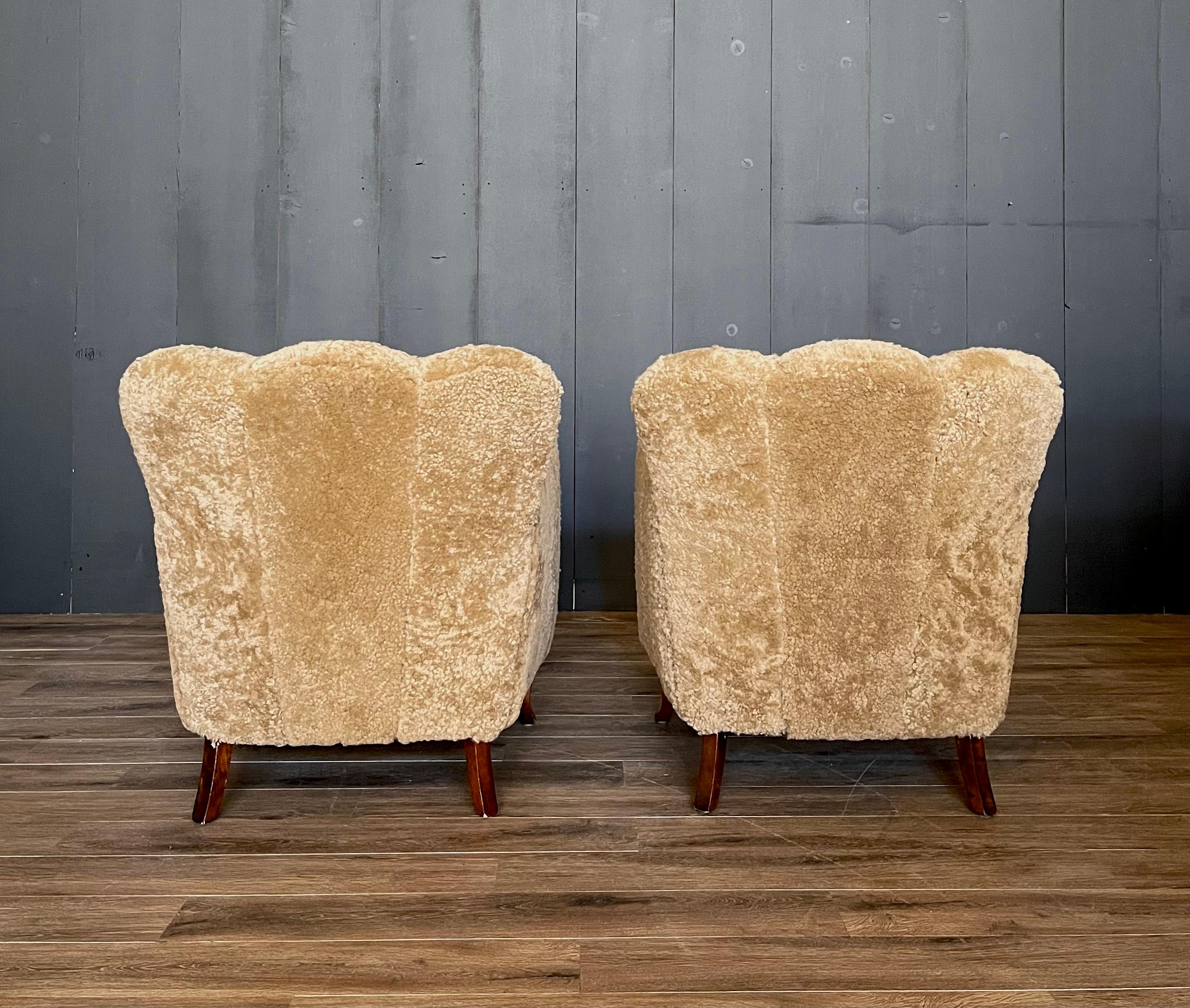 Vintage Scandinavian Sheepskin Art Deco Lounge Chairs, Danish, Shearling 2
