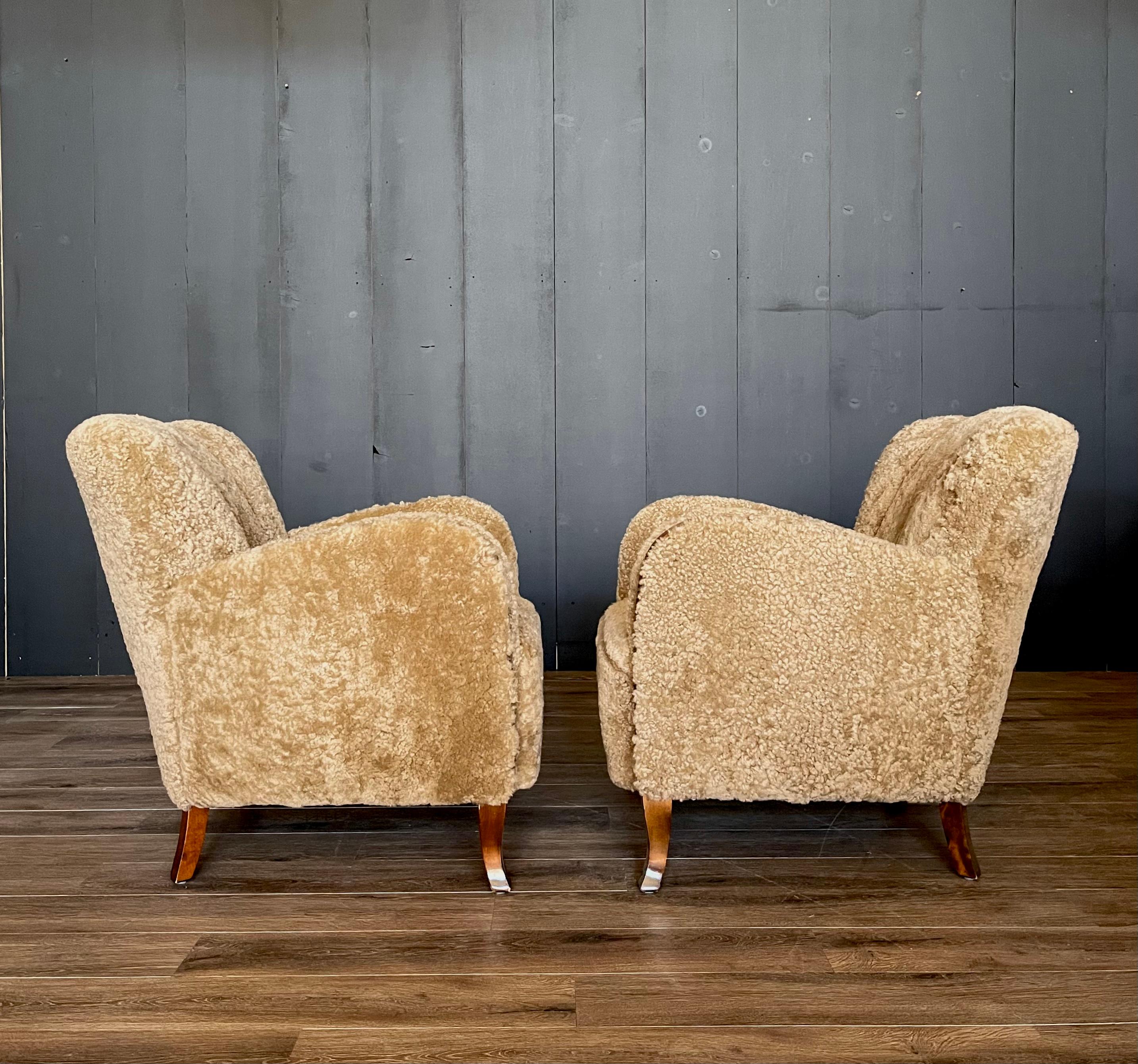Vintage Scandinavian Sheepskin Art Deco Lounge Chairs, Danish, Shearling 3
